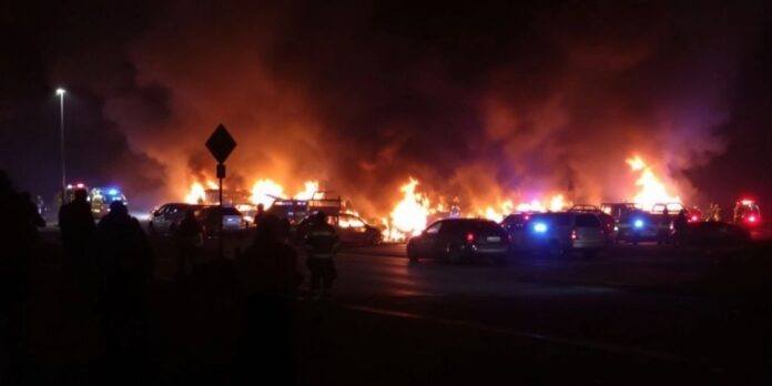 Fire and smoke engulfing vehicles in Lisbon.