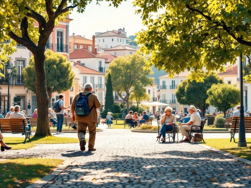 Retirees enjoying leisure time in a sunny Portuguese park.