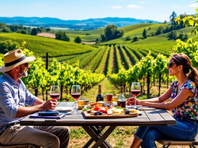 Vineyard landscape with tourists enjoying wine tasting outdoors.