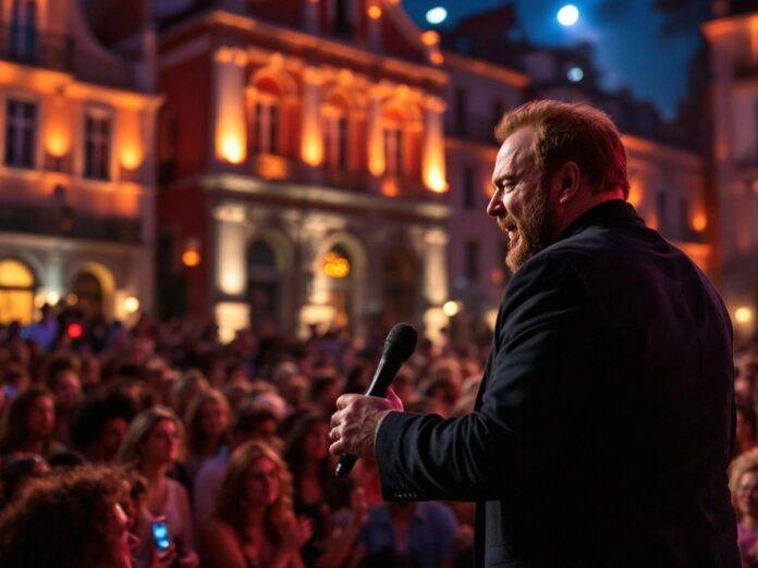 Ricky Gervais performing in Lisbon with a lively audience.