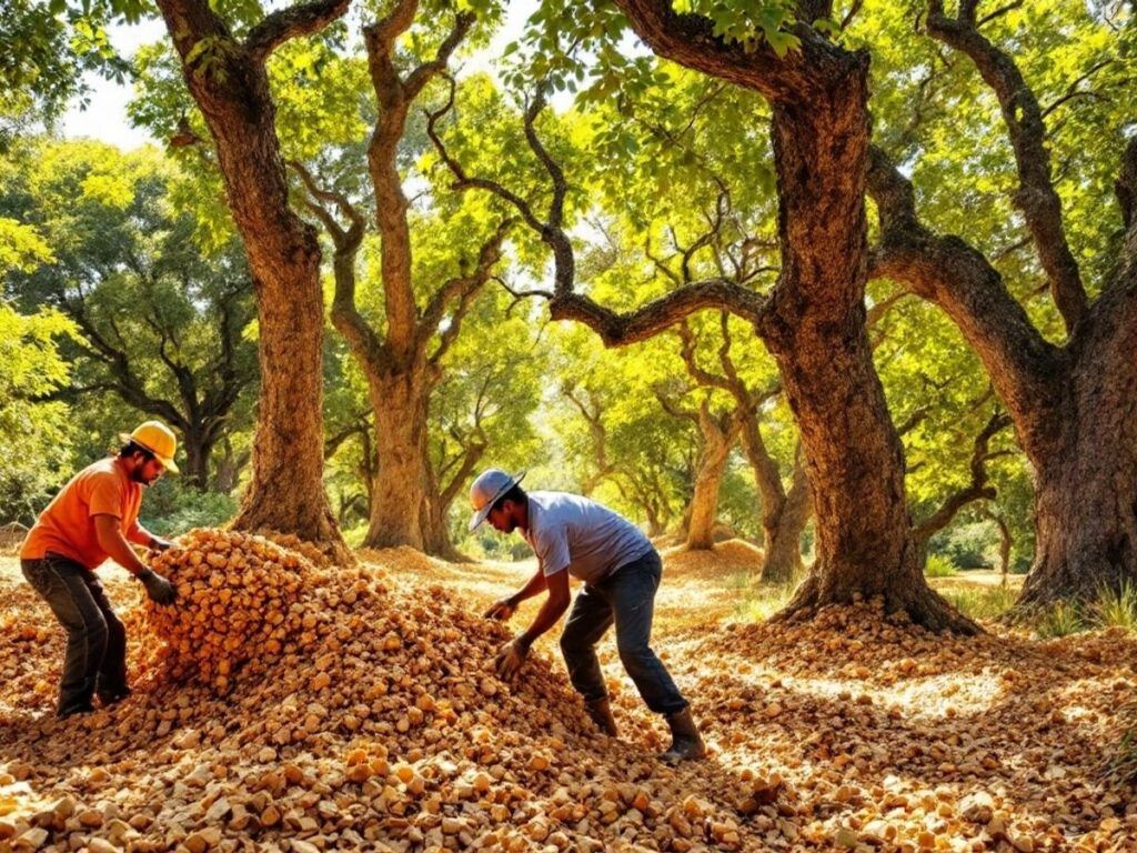 Cork oak trees with harvested bark in Portugal.