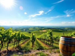 Vineyard in Portugal with grapevines and wine barrel.