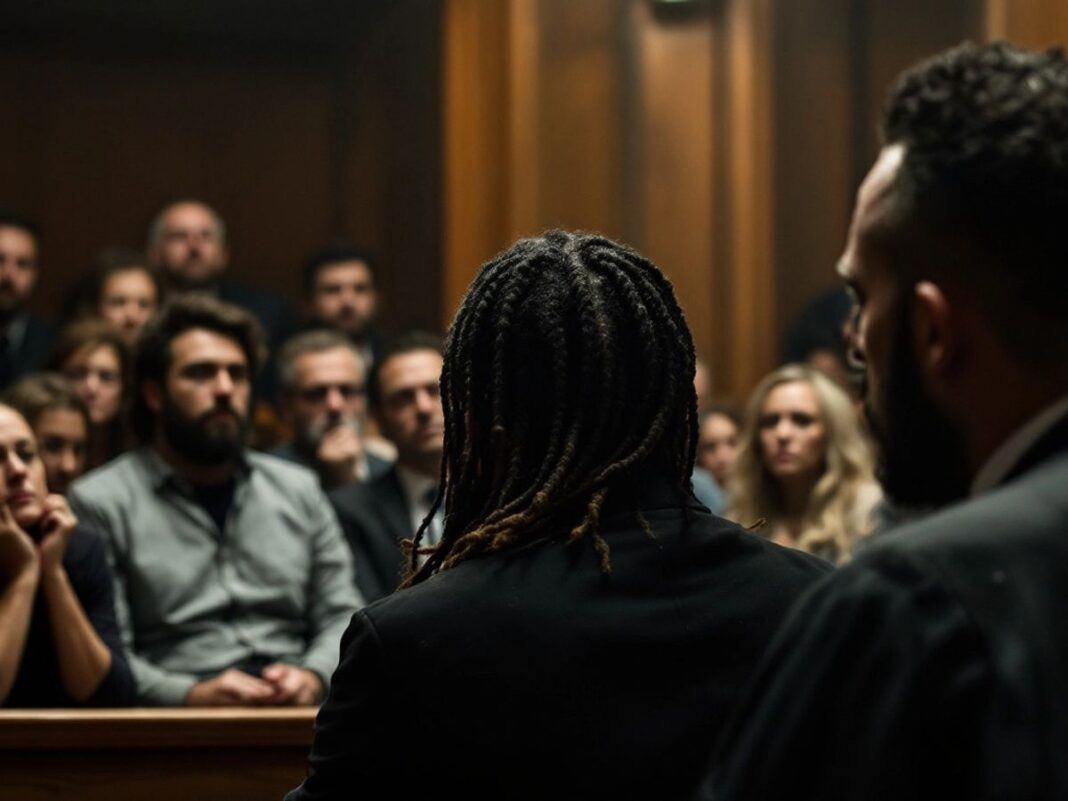 Courtroom scene with defendant on trial in Lisbon.