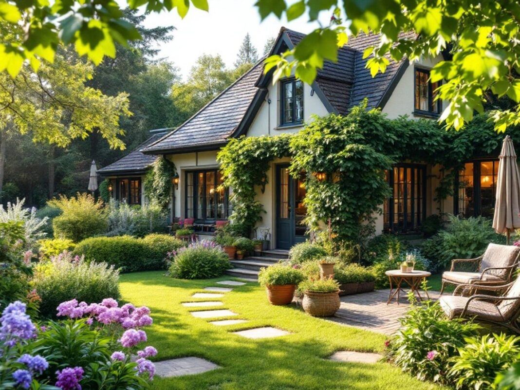 European holiday home with lush greenery and elegant architecture.