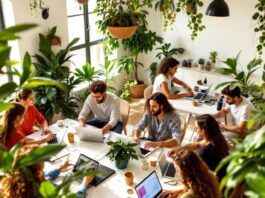 Diverse digital nomads in a sunny coworking space.