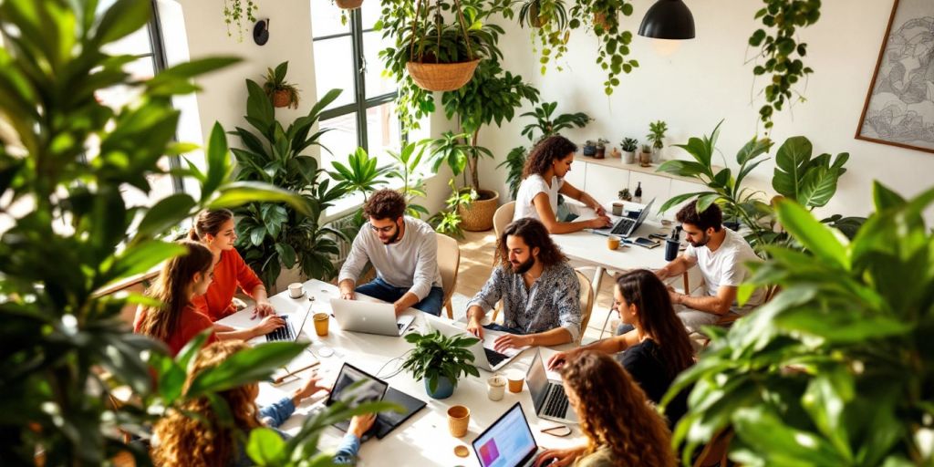 Diverse digital nomads in a sunny coworking space.