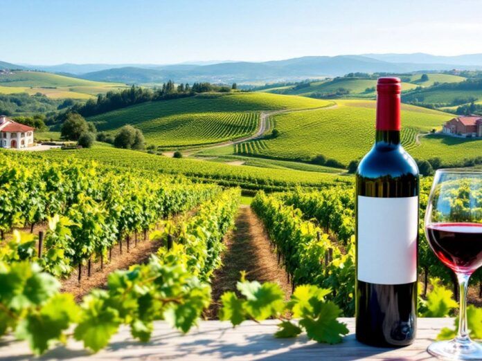 Vibrant vineyard landscape with wine bottle and glass.