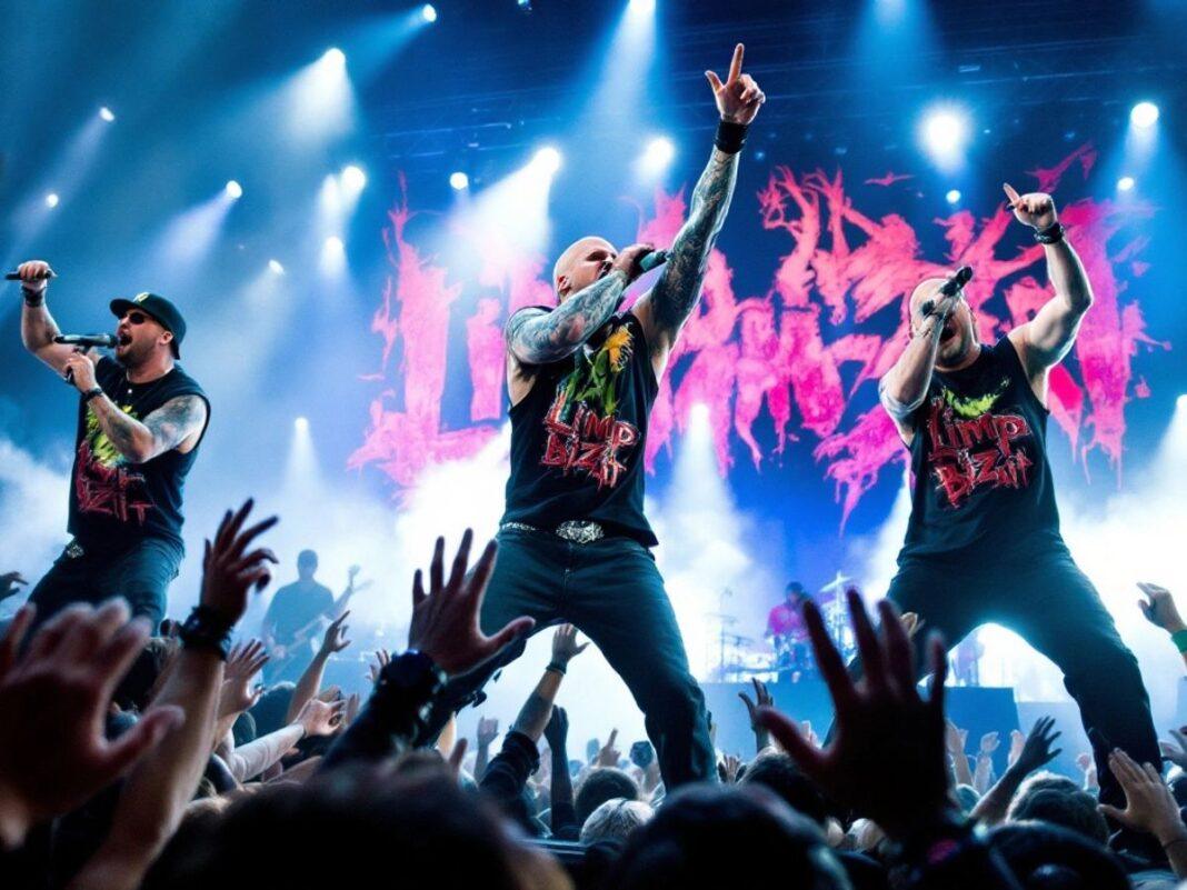 Limp Bizkit performing live with energetic fans in view.