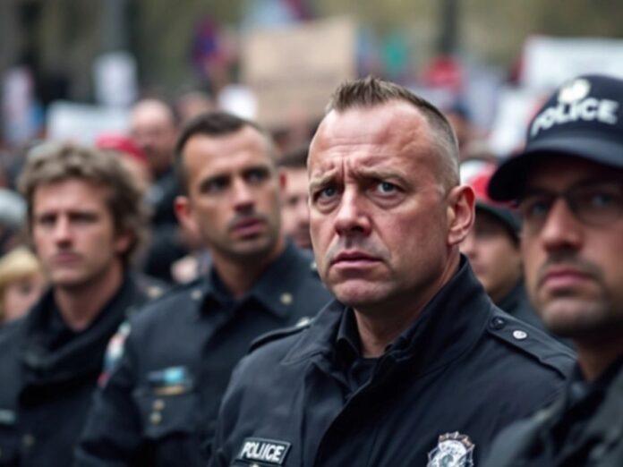 Police officers amidst a protest about controversial comments.