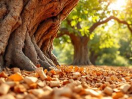 Close-up of cork oak tree with textured bark.