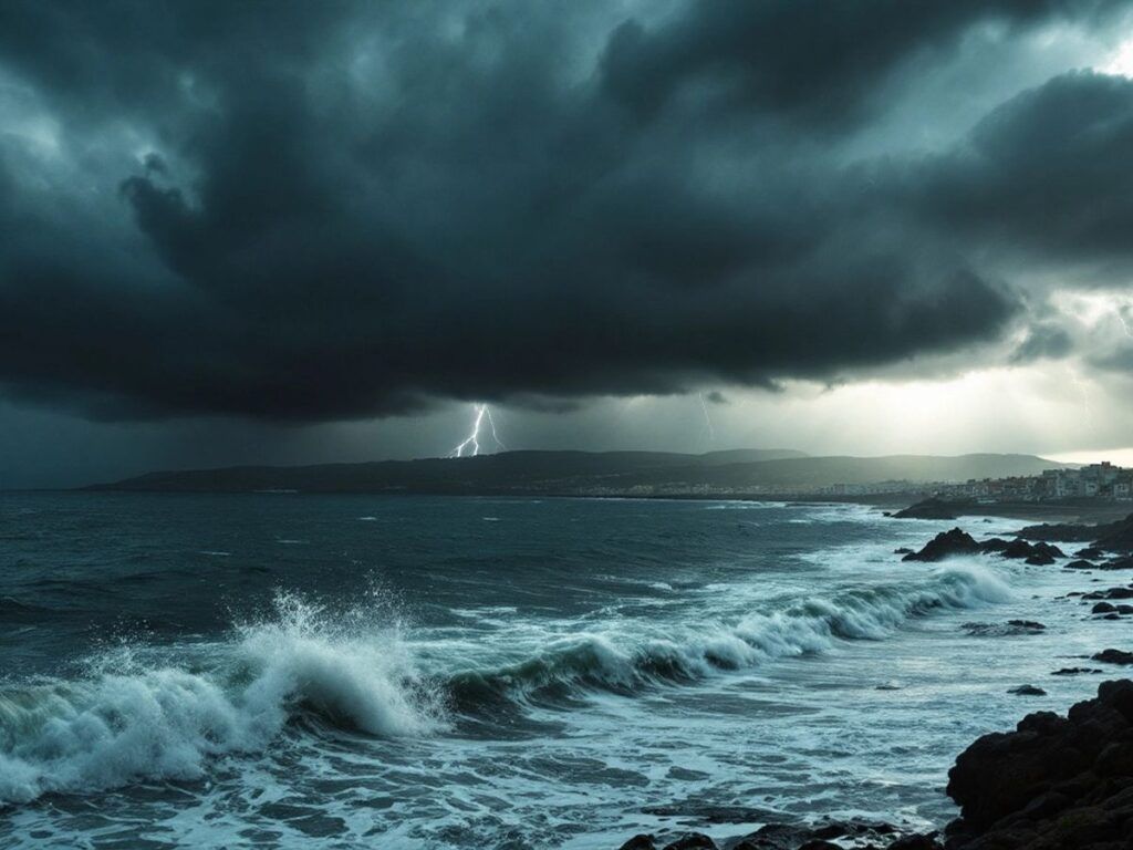 Dark storm clouds over a coastal town in Portugal.