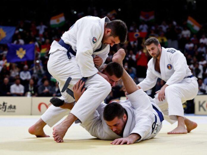 Judo athletes competing at the European Championship in Kosovo.