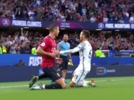 Cristiano Ronaldo with a pitch invader on the field.