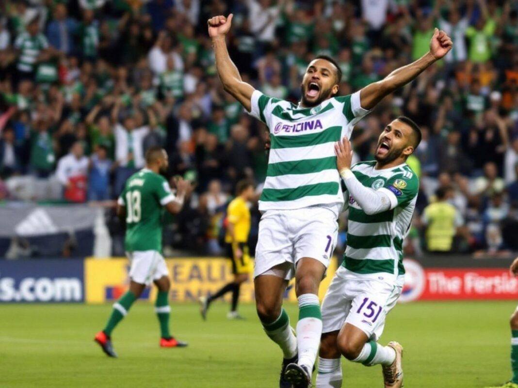 Sporting players celebrating a goal against Casa Pia AC.