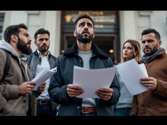 Concerned individuals outside a government building regarding visas.