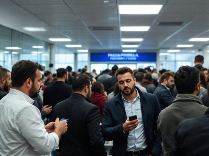 Crowded passport office with anxious Italians waiting in line.