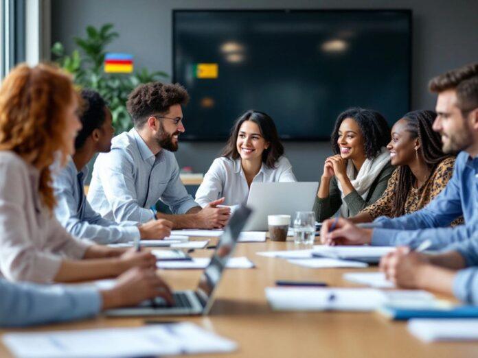 Diverse group discussing at a conference table with flags.