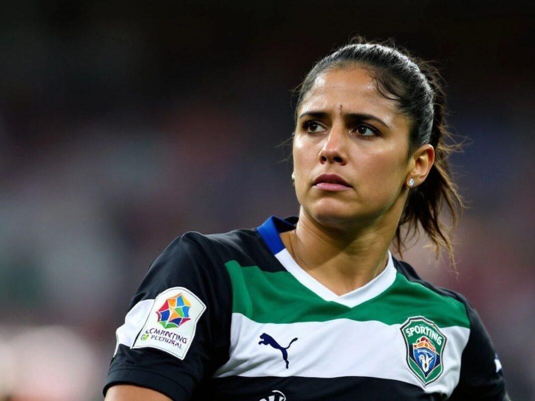 Mariana Cabral in Sporting jersey, looking thoughtful.