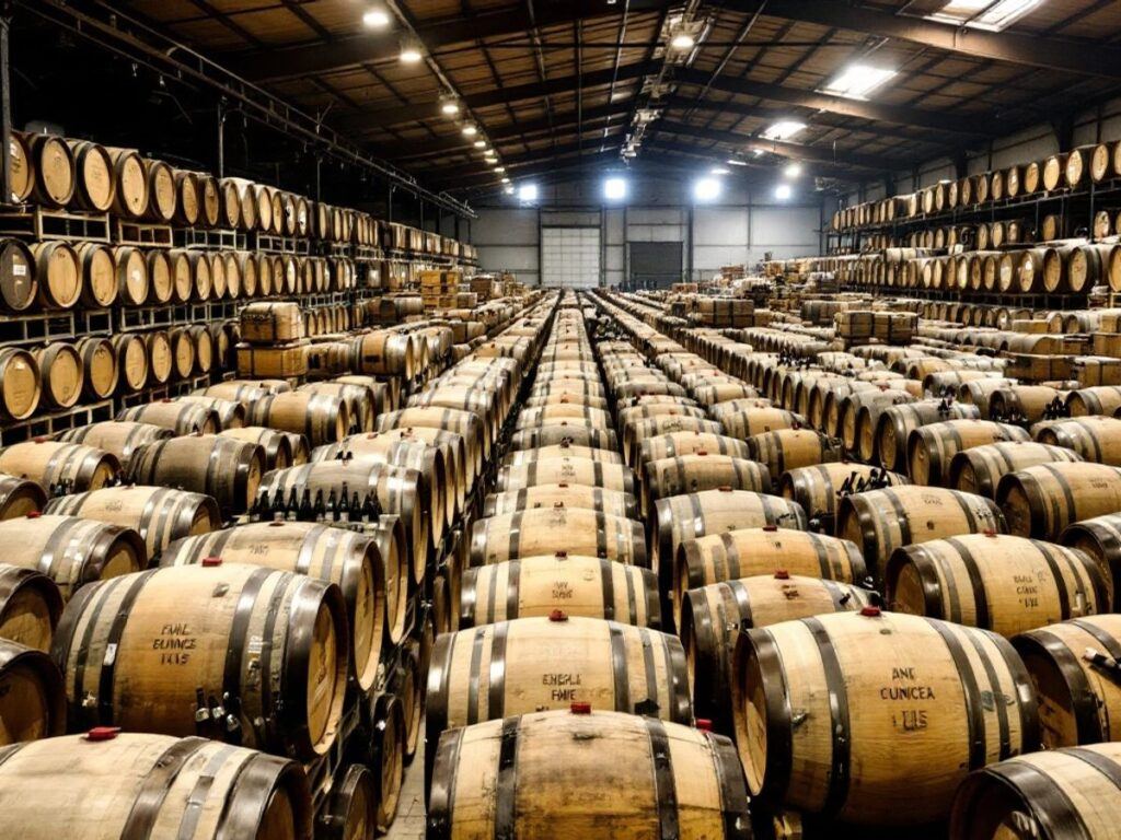 Rows of wooden wine barrels in a warehouse.