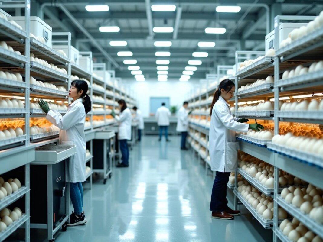 Modern egg incubation center with workers and incubators.