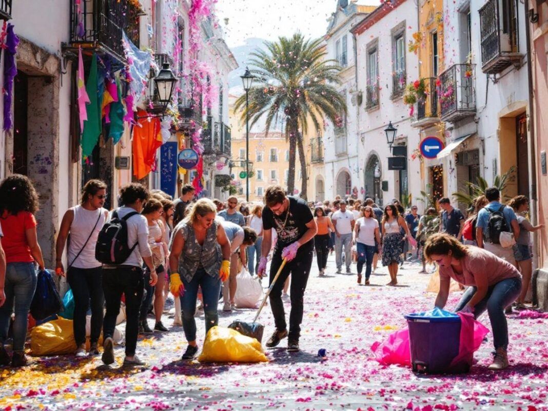 Participants cleaning up colorful decorations after the celebration.