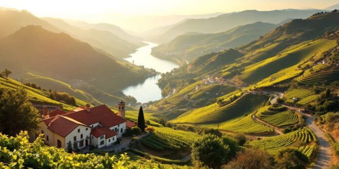 Vineyards and river in Douro Valley, Portugal.