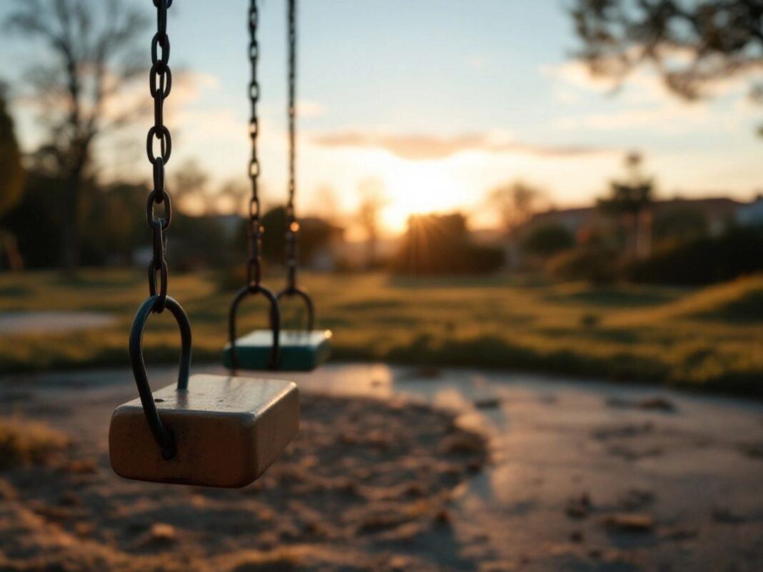 Empty playground with swings under a sunset sky.