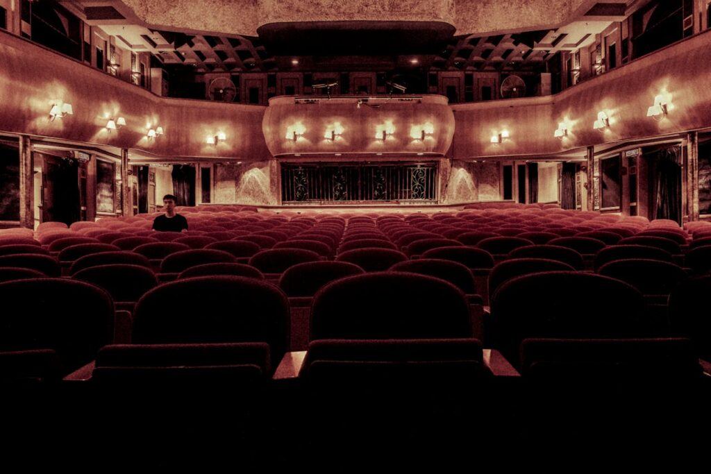 One man sits alone in a decorative cinema with traditional red velvet seats and low-lighting.