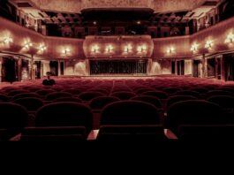 One man sits alone in a decorative cinema with traditional red velvet seats and low-lighting.