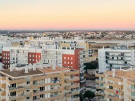 A view of buildings and the horizon in Portimao, Portugal.