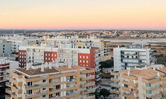 A view of buildings and the horizon in Portimao, Portugal.