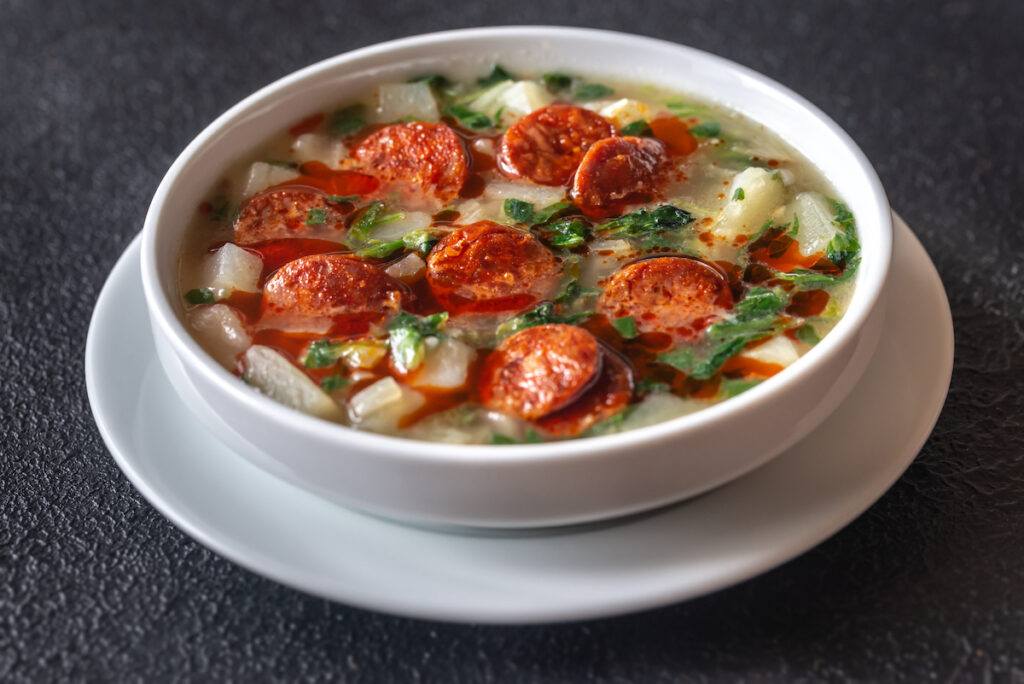 Portion of Portuguese Caldo verde soup