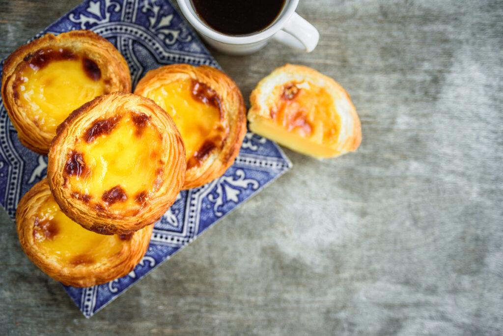 Portugal egg tart Pastel de Nata with azulejo tile