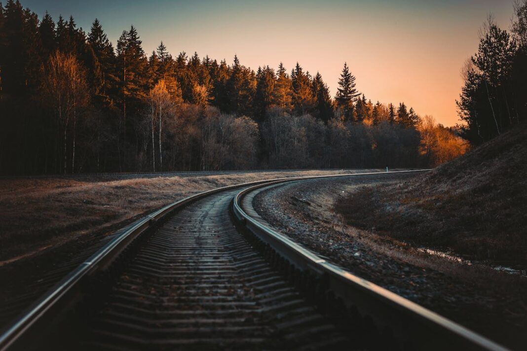 A train track running through a forest seen just after sunset with a reddened sky.