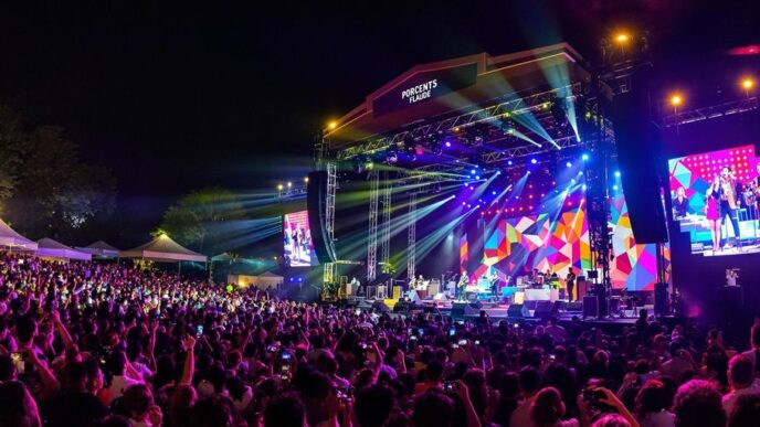 Excited fans at a colorful concert in Portugal.