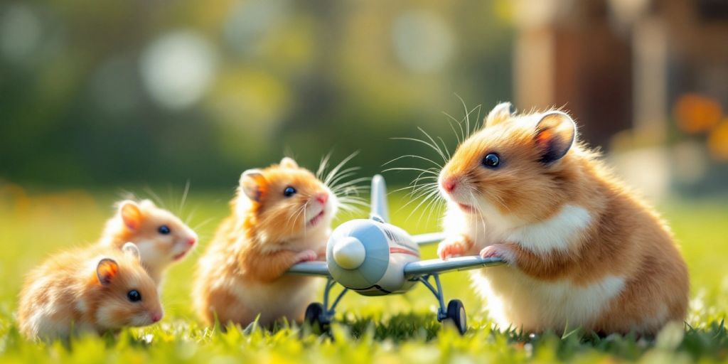 Hamsters playing near a model airplane in sunny Azores.