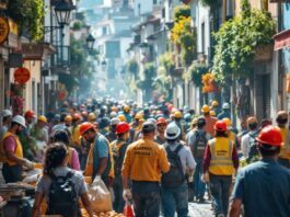 Diverse workers collaborating in a lively Portuguese street.