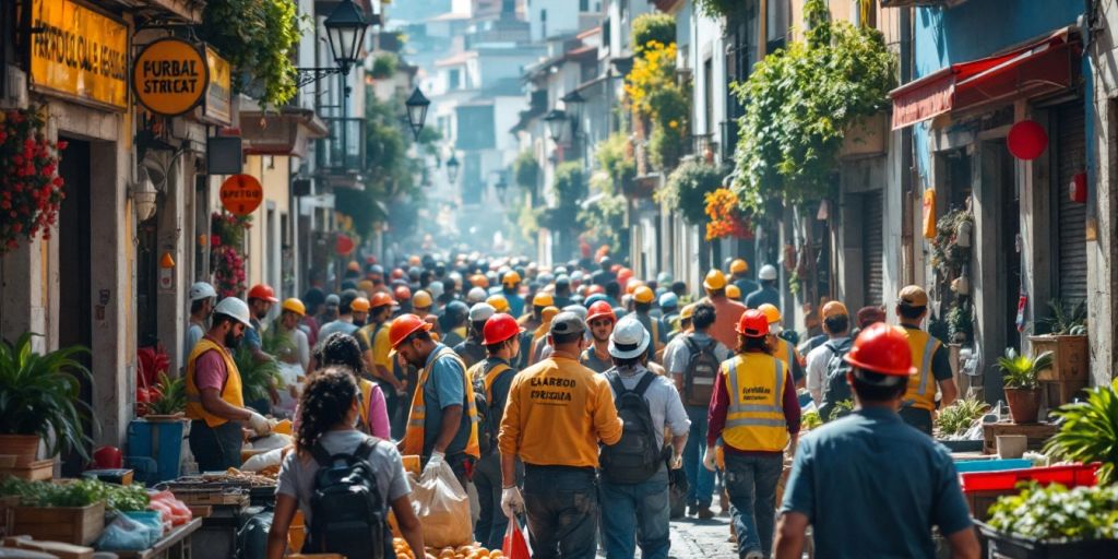 Diverse workers collaborating in a lively Portuguese street.