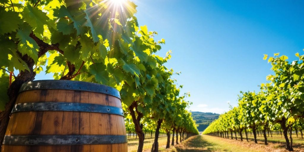 Vineyard in Portugal with grapevines and wine barrel.