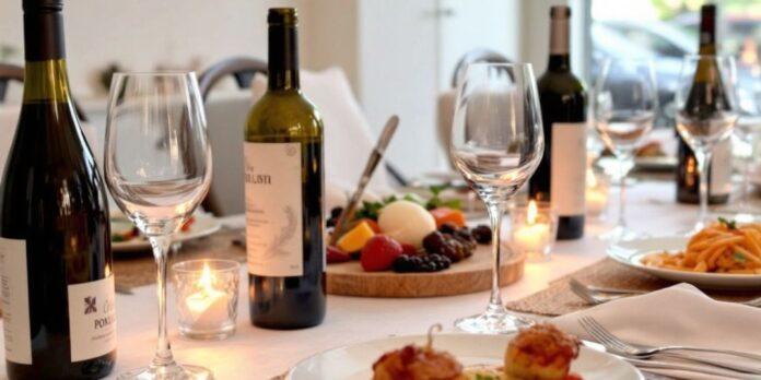 Elegant dining setup with Portuguese wine and gourmet dishes.