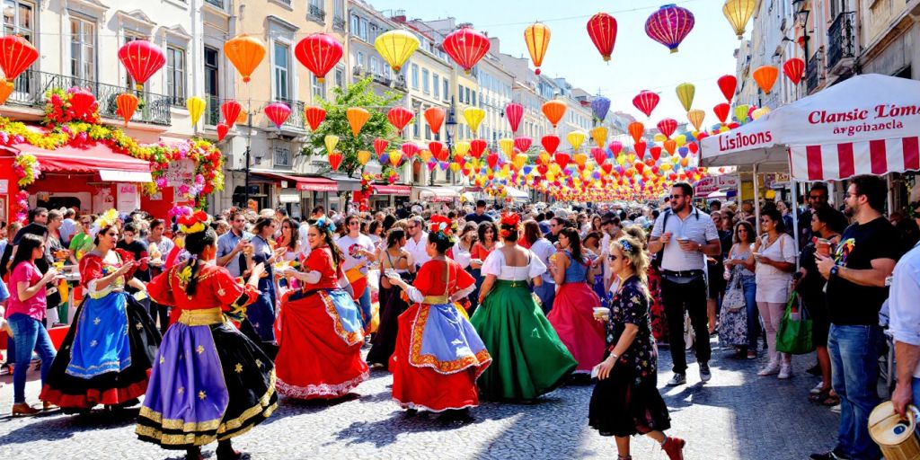 Lively dancers and vibrant decorations at a Lisbon festival.