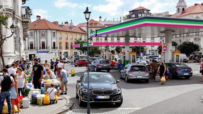 Portugal street scene with fuel stations and traditional architecture.