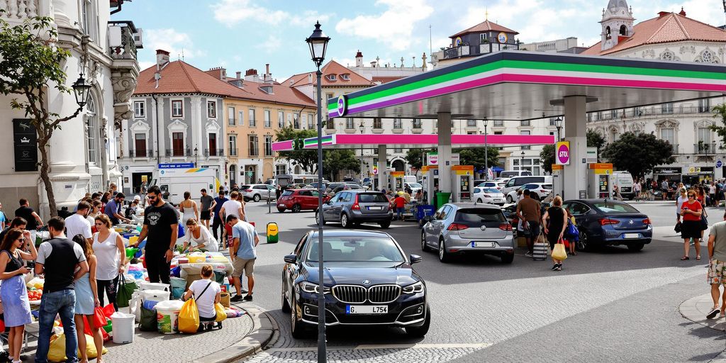 Portugal street scene with fuel stations and traditional architecture.