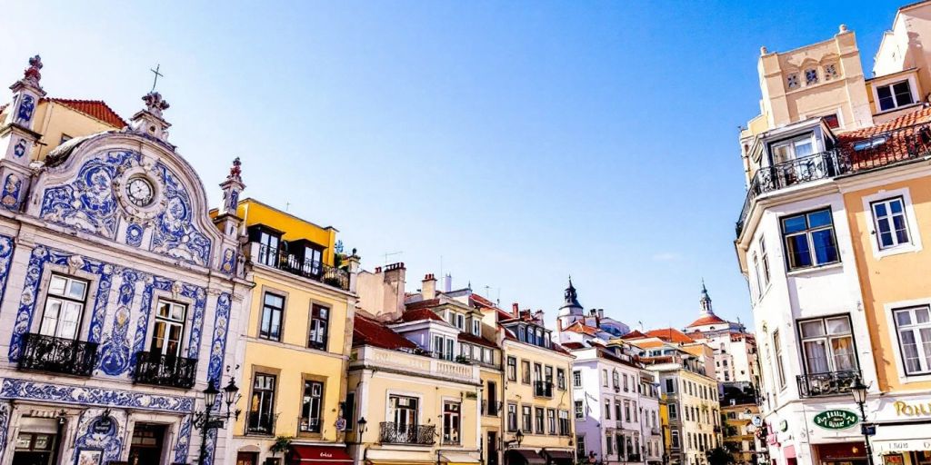 Colorful Lisbon street scene with historical buildings and pedestrians.