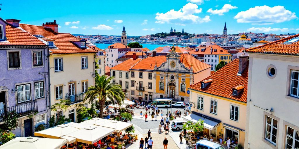 Lisbon street with traditional architecture and vibrant cafes.