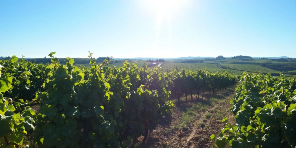 Vibrant Portuguese vineyard under clear blue sky.