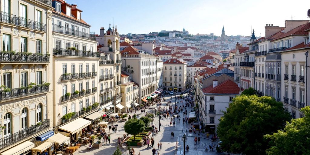 Lisbon cityscape with modern and traditional architecture.