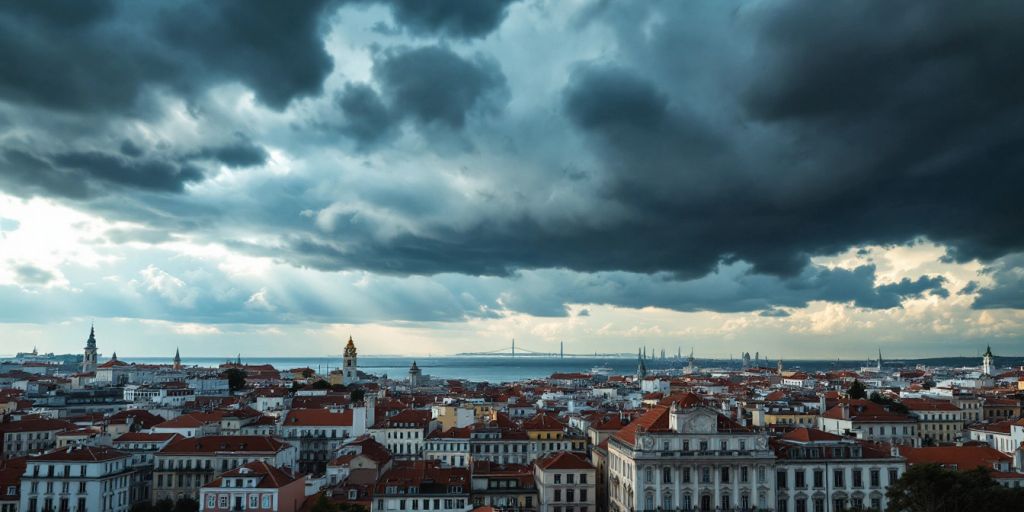 Dramatic Lisbon skyline with stormy clouds and tension.