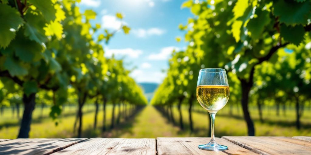 Vibrant vineyard with green grapevines and a glass of wine.