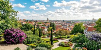 Guimarães cityscape with greenery and historic architecture.